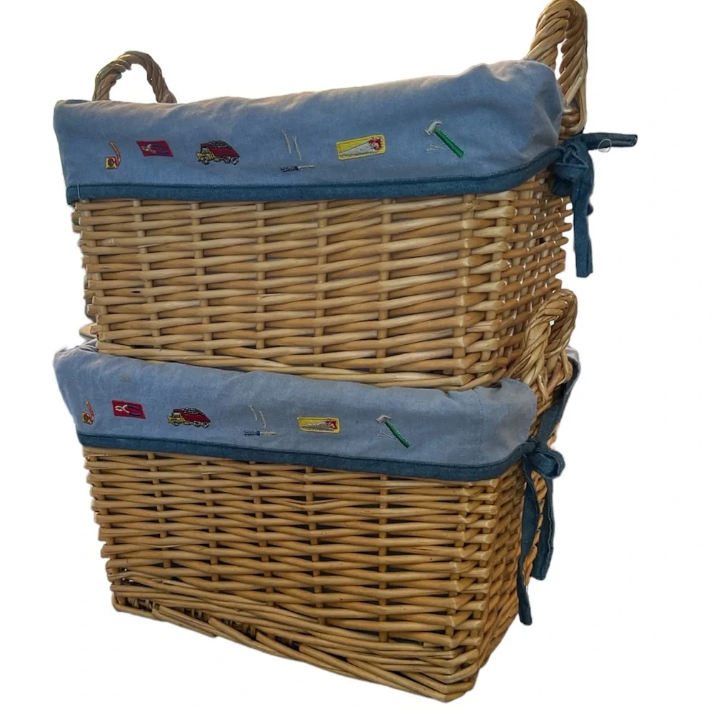 Kids decor bundle of 2 large baskets with embroidered cotton lining